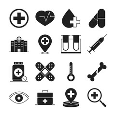 Obraz premium healthcare medical and hospital pictogram silhouette style icon s set