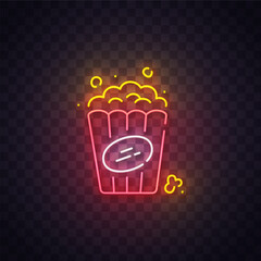 Popcorn neon sign, bright signboard, light banner. Popcorn logo neon, emblem. Vector illustration