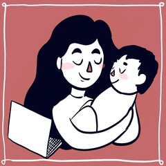 Mutter hält Baby und arbeitet im Homeoffice, Work Life Balance