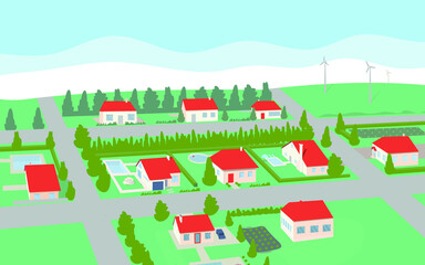 you can see many residential houses, in the yard they have pools, in the background on the hill there are wind turbines,vector,cartoon.