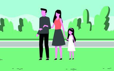 we see a happy family,the family consists of their mother, father and daughter,in the background are trees,vector,cartoon.
