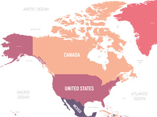 North America map. High detailed political map North American continent with country, ocean and sea names labeling