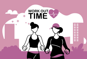 women avatars running and work out time vector design