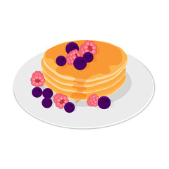 Pancakes with maple syrup and fresh berries isolated on a white background.