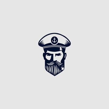 head captain smoking cigarette Vector Logo concept. Seafarer Symbol. Skipper in a Hat Emblem. Bearded Seaman face Sign. Isolated.
