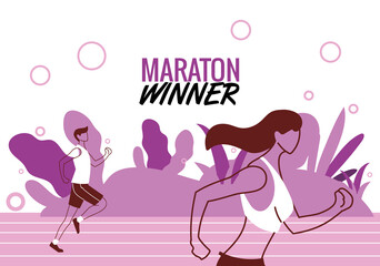 Man and woman avatar running on track vector design