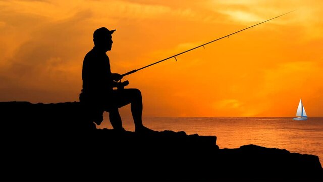 【創作】夕暮れに海で釣りをする男性
[Creation] A man fishing in the sea at dusk