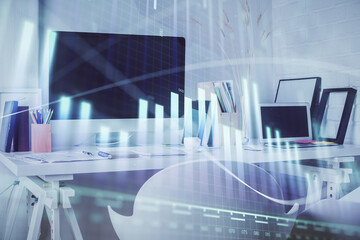 Double exposure of stock market graph drawing and office interior background. Concept of financial analysis.