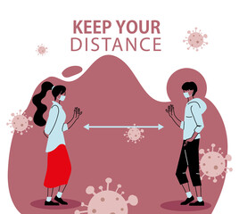 Social distancing between woman and man with masks vector design
