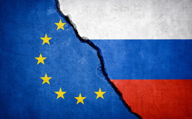 EU and Russia conflict. Country flags on broken wall. Illustration. - obrazy, fototapety, plakaty
