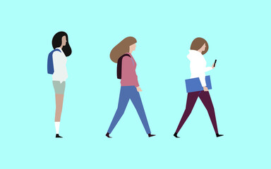 3 characters, two women have the backpack, a woman has the phone in one hand in the other hand holds a folder,vector,cartoon.