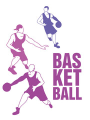 Basketball players men with balls in purple silhouettes vector design