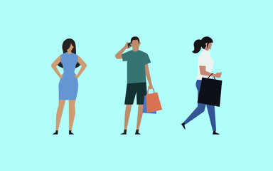 there are 3 characters, 2 women and a man,the man is talking on the phone,one lady holds her hands in her hips, the second lady has bags in her hand,vector,cartoon.