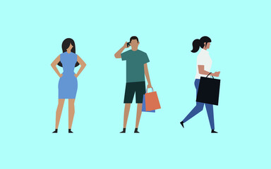 Obraz premium there are 3 characters, 2 women and a man,the man is talking on the phone,one lady holds her hands in her hips, the second lady has bags in her hand,vector,cartoon.