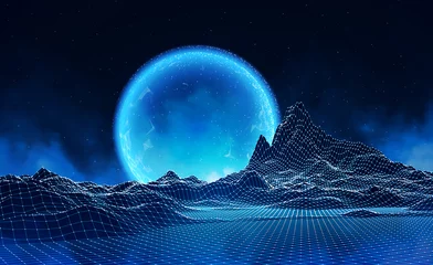 Wall murals Black Abstract digital landscape with particles dots and stars on horizon. Wireframe landscape background. Big Data. 3d futuristic vector illustration. 80s Retro Sci-Fi Background