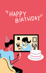 man with party hat waving woman on screen with cake vector design