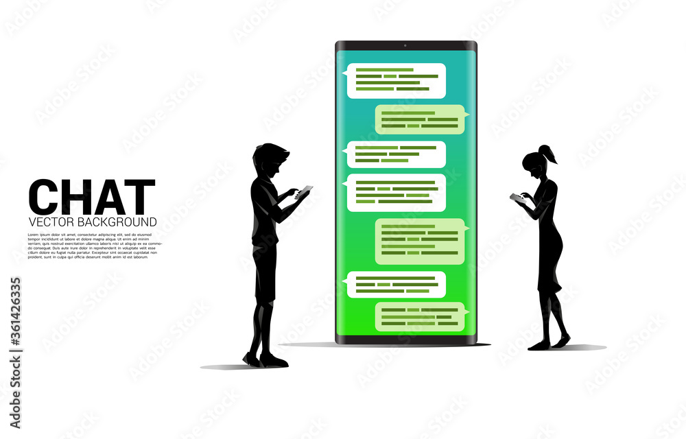 Poster silhouette of man and woman standing with bubble speech on mobile phone. concept of chat bot engine 