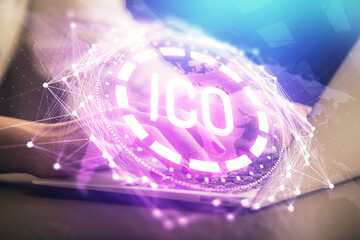 Double exposure of woman hands typing on computer and crypto market theme hologram drawing. Blockchain concept.