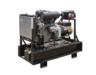 A mobile, portable diesel or gasoline generator with electronic remote control cut out on a white background.
