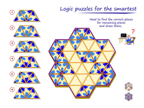 Logic puzzle game for children and adults. Need to find correct places for remaining pieces and draw them. Developing spatial thinking. Printable page for kids brain teaser book. Flat illustration
