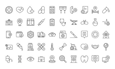 healthcare medical and hospital pictogram line style icons set
