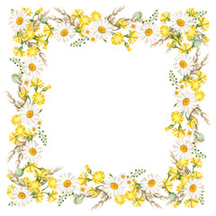 Vector frame with daisies and yellow wild flowers and ears of wheat. 