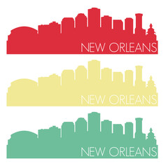 New Orleans Chicago Skyline Silhouette City Stamp Vector Color Vintage Set.