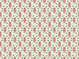 Watercolor pattern. Cute teddy bear ballerina, pointe shoes and roses. Perfect for girl fashion fabric textile, scrap booking, wrapping gift paper.
