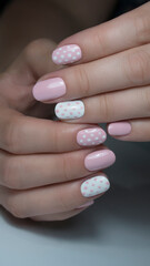 pink and white nail polish. Nail design with white dots on pink nail polish