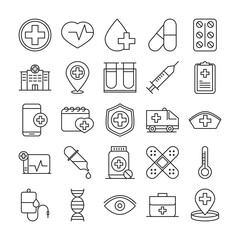 healthcare medical and hospital pictogram line style icons set