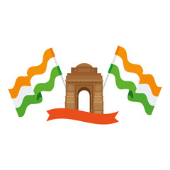 india gate, famous monument with flags of india and ribbon