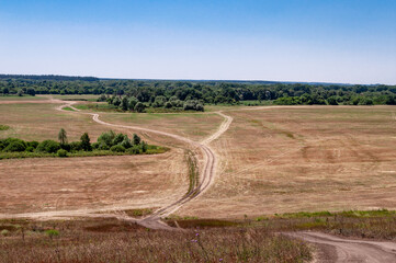 Obraz premium A dirt road passing through a field in a picturesque location.
