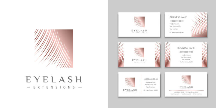 Eyelash extension logo with rose gold lashes and a set of business cards. Design brand for beauty salon, makeup and eyebrows artist