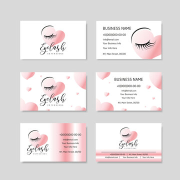 Eyelash extension logo with rose gold heart and a set of business cards. Design brand for beauty salon, lashes and eyebrows artist