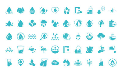 water drops nature liquid save environment, drink, blue silhouette style icons set