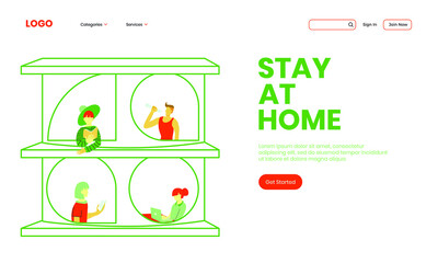 Stay At Home Landing Page Website With Illustration Of Characters Doing Positive Activities 