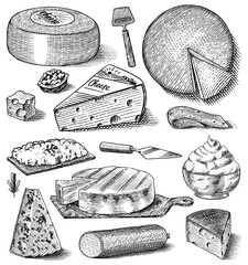 Cheese set. Slices of Mascarpone Bleu de Gex Edam Camembert Mozzarella for market or grocery store. Cheeseboard and Fresh organic milk. Vector Engraved hand drawn sketch for label, poster or menu. - obrazy, fototapety, plakaty