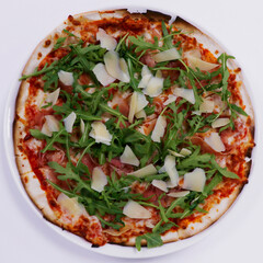 pizza parma ham with arugula leaves and parmesan