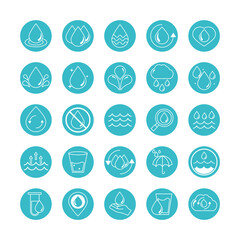water drops nature liquid save environment, drink, blue block style icons set