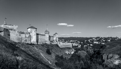 ancient castle on the mountain, with a beautiful sky, in sunny weather 