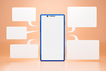 Cell phone with blank LCD screen and chatbox around a smartphone on orange background. Concepts of...