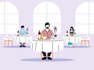 social distance in restaurant, people keep distance to avoid the spread of the coronavirus or covid 19