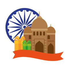 india mosque, famous monument with blue ashoka wheel indian and gift boxes