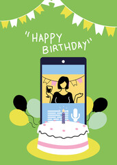 woman with wine cup on smartphone with cake and balloons vector design