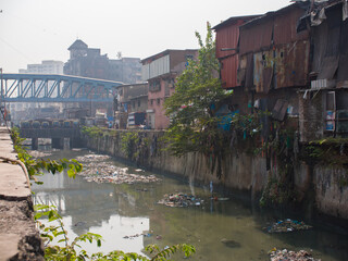 Poor and impoverished slums of Dharavi in the city of Mumbai.