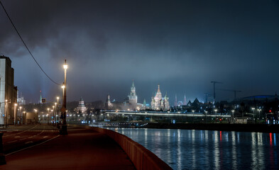 Fototapeta na wymiar Night city in the fog, Moscow, Russia.