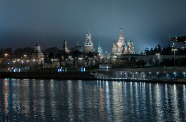Naklejka premium Night city in the fog, Moscow, Russia.