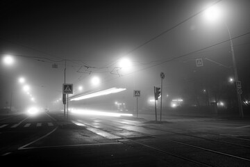 night road in fog, long exposure, black and white, dark image
