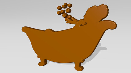 WOMAN IN BATHTUB from a perspective on the wall. A thick sculpture made of metallic materials of 3D rendering. beautiful and young