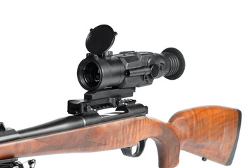Weapon for hunting with a mounted optical sight, on a white background.